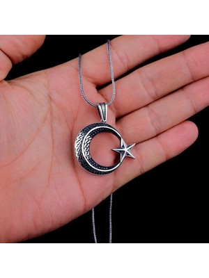 Orgü Ay Yıldız Mikro Taşlı 925 Ayar Gümüş Kolye