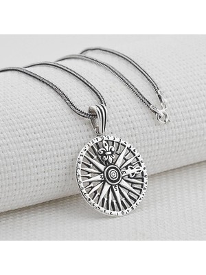 Acı Tasarımlı Pusula 925 Ayar Gümüş Erkek Kolye