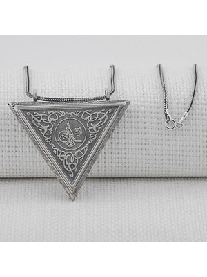 Osmanlı Tuğralı Kalın Zincirliüçgen Muska Kabi Büyük Boy 925 Ayar Gümüş Erkek Kolye