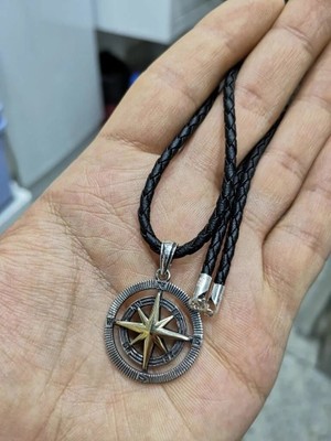 Pusula Özel Tasarım Deri İPLI925 Ayar Gümüş Erkek Kolye