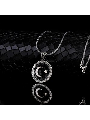 Ay Yıldız Mikro Taşlı 925 Ayar Gümüş Erkek Kolye