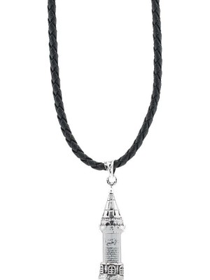 Deri Ipli Minare Tasarımlı Cevşen Kebir Dualı 925 Ayar Gümüş Erkek Kolye