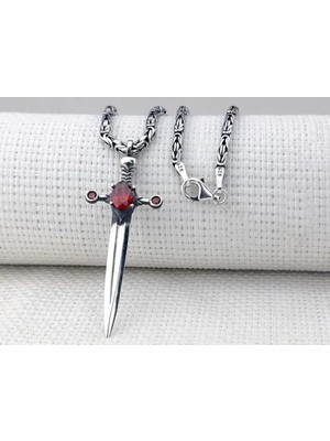 Kırmızı Taşlı Kral Zincirli Şovalye 925 Ayar Gümüş Erkek Kolye
