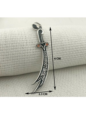 Kırmızı Taşlı La Feta Illa Ali La Seyfe Iila Zulfikar Kral Zincir 925 Ayar Gümüş Erkek Kolye Ucu