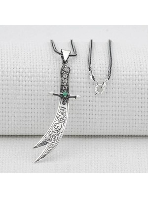 Yeşil Taşlı Zulfikar 925 Ayar Gümüş Erkek Kolye