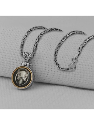 Göktürkçe Turk Yazılı Kurt Tasarımlı Kral Zincirli Ortası Dönen 925 Ayar Gümüş Erkek Kolye