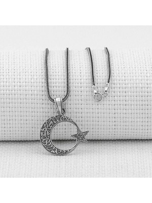 Ay Yıldız Tasarımlı Kelimeyi Tevhid Yazılı 925 Ayar Gümüş Erkek Kolye
