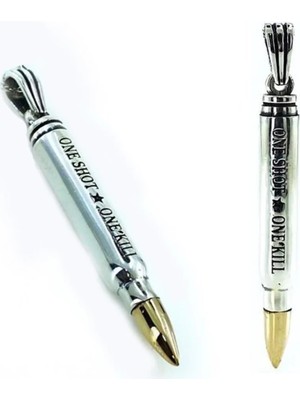 Mermi Tasarımlı One Shot One Kill Yazılı 925 Ayar Gümüş Erkek Kolye Ucu