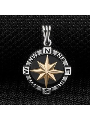 Pusula Siyah Oniks Taşlı 925 Ayar Gümüş Erkek Kolye Ucu