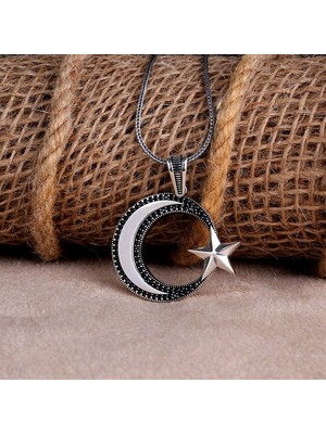 Ay Yıldız Mikro Taşlı 925 Ayar Gümüş Erkek Kolye