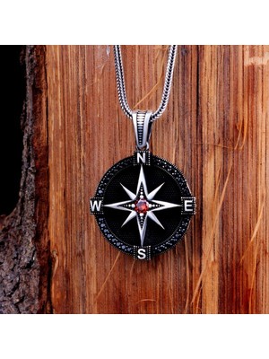 Zirkon Taşlı Pusula 925 Ayar Gümüş Erkek Kolye