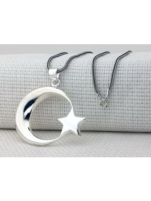 Şanlı Ay Yıldız Büyük Boy  925 Ayar Gümüş Erkek Kolye