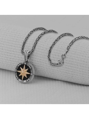 Gece Yıldızlı Pusula  925 Ayar Gümüş Erkek Kolye
