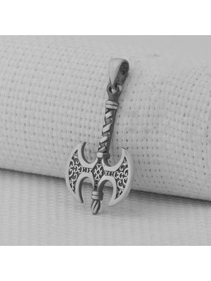 Çift Taraflı Balta Tasarımlı 925 Ayar Gümüş Erkek Kolye Ucu