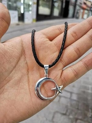 Ay Yıldız Deri Ipli 925 Ayar Gümüş Erkek Kolye