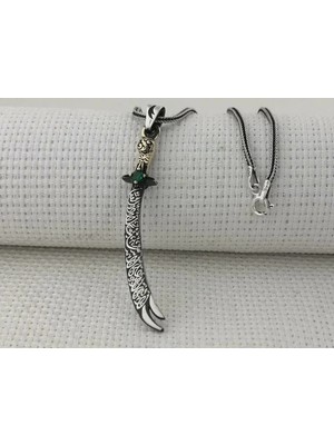 Yeşil Taşlı La Fetta Illa Ali La Seyfe Illa Zülfikar Yazılı 925 Ayar Gümüş Erkek Kolye