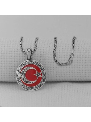 Gravur Işlemeli Büyük Boy Ay Yıldız 925 Ayar Gümüş Erkek Kolye