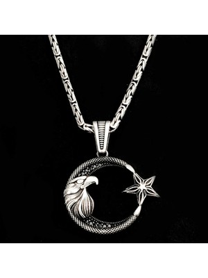 Ay Yıldız Kartal Başlı Kral Zincir  925 Ayar Gümüş Erkek Kolye