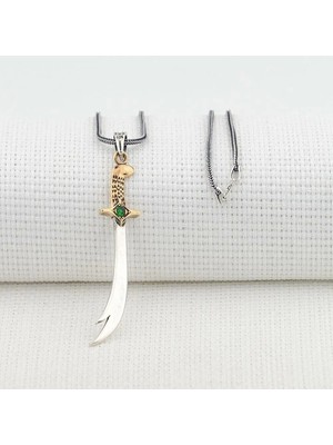 Hz Ali Yazılı Zulfikar Yeşil Taşlı Kalın Zincirli  925 Ayar Gümüş Erkek Kolye