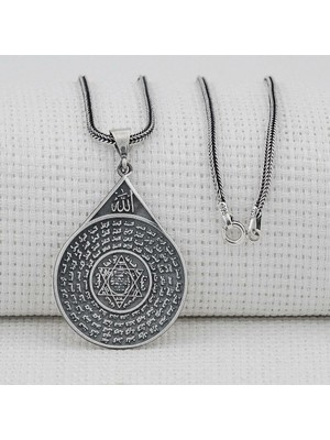 Esmahul Husna Dua Işlemeli Mührü Süleyman 925 Ayar Gümüş Erkek Kolye