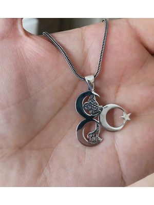 Üç Hilal Tuğra ve Bozkurt Motifli 925 Ayar Gümüş Erkek Kolye