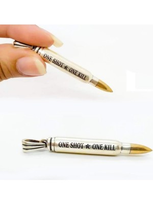 Mermi Tasarımlı One Shot One Kill Yazılı 925 Ayar Gümüş Erkek Kolye