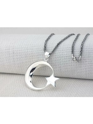 Ay Yıldız Büyük Boy Kral Zincirli 925 Ayar Gümüş Erkek Kolye