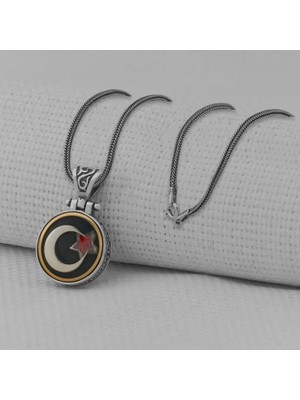 Ay Yıldız Ortası Dönen   925 Ayar Gümüş Erkek Kolye