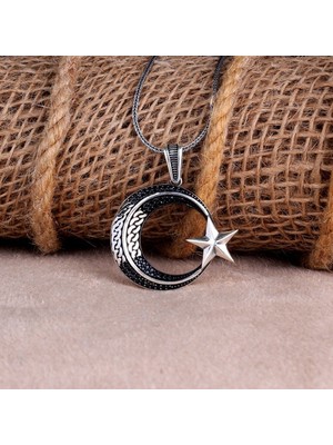 Orgü Ay Yıldız Mikro Taşlı 925 Ayar Gümüş Kolye