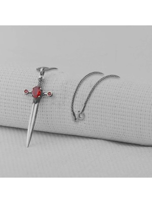 Kırmızı Taşlı Kral Zincirli Şovalye 925 Ayar Gümüş Erkek Kolye