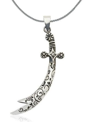 Hz Ali Yazılı Zulfikar  Kalın Zincirli  925 Ayar Gümüş Erkek Kolye