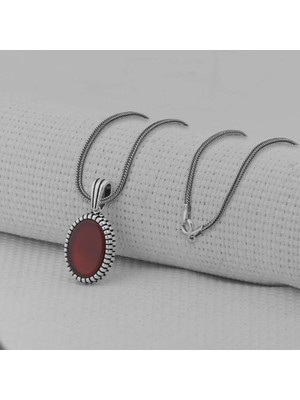Kırmızı Akik Taşlı Oval 925 Ayar Gümüş Erkek Kolye