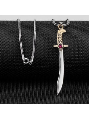 Kırmızı Zirkon Taşlı Osmanlı 925 Ayar Gümüş Erkek Kolye