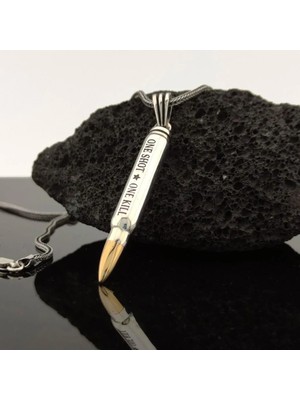 Mermi Tasarımlı One Shot One Kill Yazılı 925 Ayar Gümüş Erkek Kolye