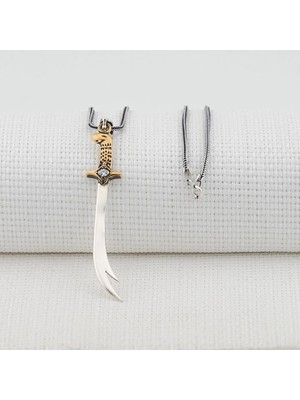 Hz Ali Yazılı Zulfikar  Beyaz Taşlı Kalın Zincirli  925 Ayar Gümüş Erkek Kolye