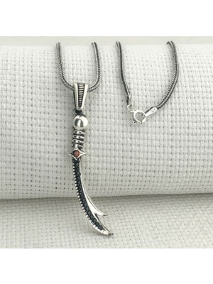 Kırmızı Taşlı Zulfikar 925 Ayar Gümüş Erkek Kolye