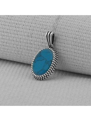 Turkuaz Taşlı Oval  925 Ayar Gümüş Erkek Kolye Ucu