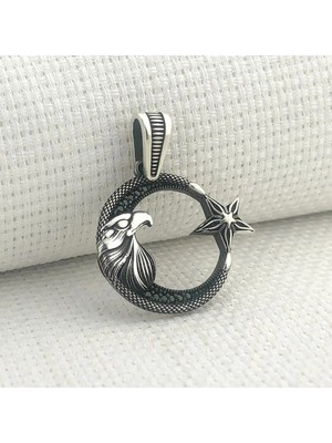 Ay Yıldız Kartal Başlı  925 Ayar Gümüş Erkek Kolye Ucu