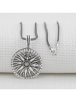 Acı Tasarımlı Pusula 925 Ayar Gümüş Erkek Kolye