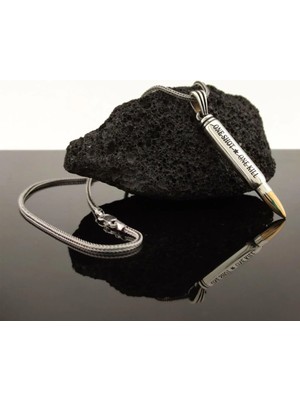 Mermi Tasarımlı One Shot One Kill Yazılı 925 Ayar Gümüş Erkek Kolye