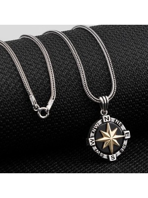 Siyah Pusula 925 Ayar Gümüş Erkek Kolye