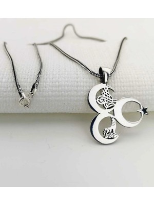 Üç Hilal Tuğra ve Bozkurt Motifli 925 Ayar Gümüş Erkek Kolye