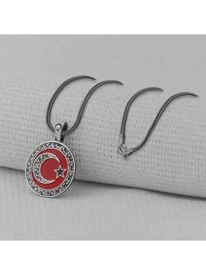 Gravur Işlemeliorta Boy Ay Yıldız 925 Ayar Gümüş Erkek Kolye
