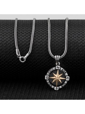 Siyah Pusula 925 Ayar Gümüş Erkek Kolye