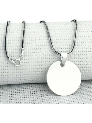 Plaka Yuvarlak Parlak Küçük Boy 925 Ayar Gümüş Erkek Kolye