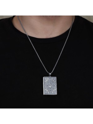 Içi Açıla Bilen Kare Allah Çevşen Muskalık Erkek 925 Ayar Gümüş Kolye