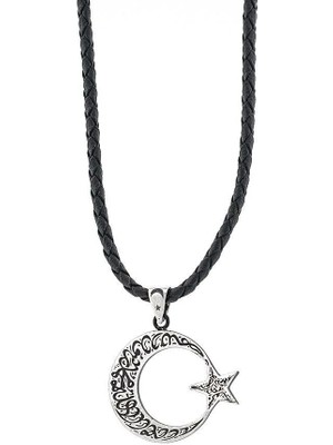 Ay Yıldız Deri Ipli 925 Ayar Gümüş Erkek Kolye