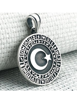 Göktürk Alfabesi Yazılı Ay Yıldız 925 Ayar Gümüş Erkek Kolye Ucu