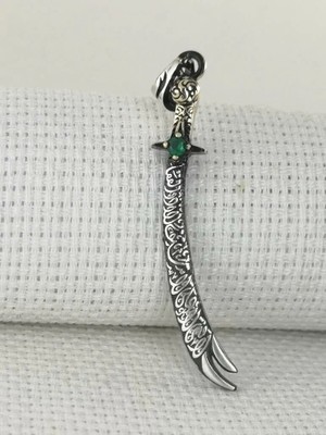 Yeşil Taşlı La Fetta Illa Ali La Seyfe Illa Zülfikar Yazılı  925 Ayar Gümüş Erkek Kolye