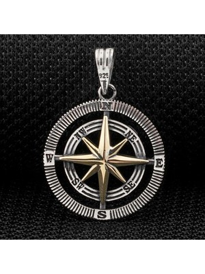 Çift Taraflı Pusula  925 Ayar Gümüş Erkek Kolye Ucu